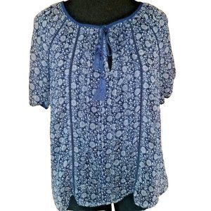 Navy blue peasant shirt womens L Lg with tassels semi sheer short sleeve boho